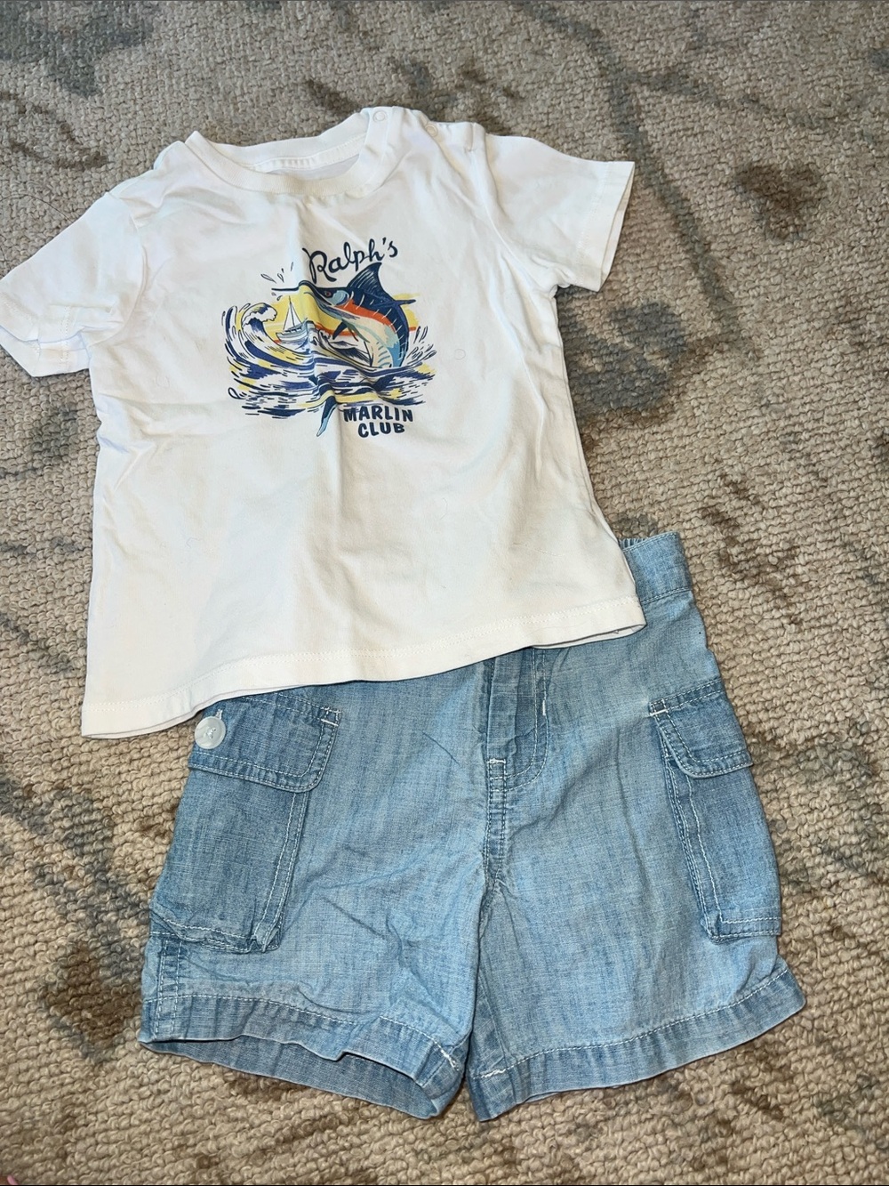 Ralph Lauren Marlin Club White Graphic Tee & Light Blue Denim Shorts Set